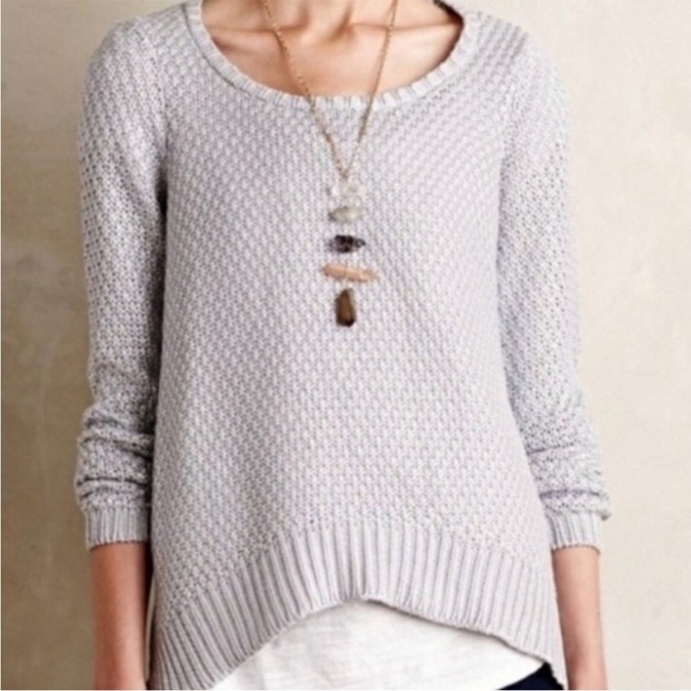 Anthropologie Silver Crew Neck Sweater with Asymmetrical Hem
